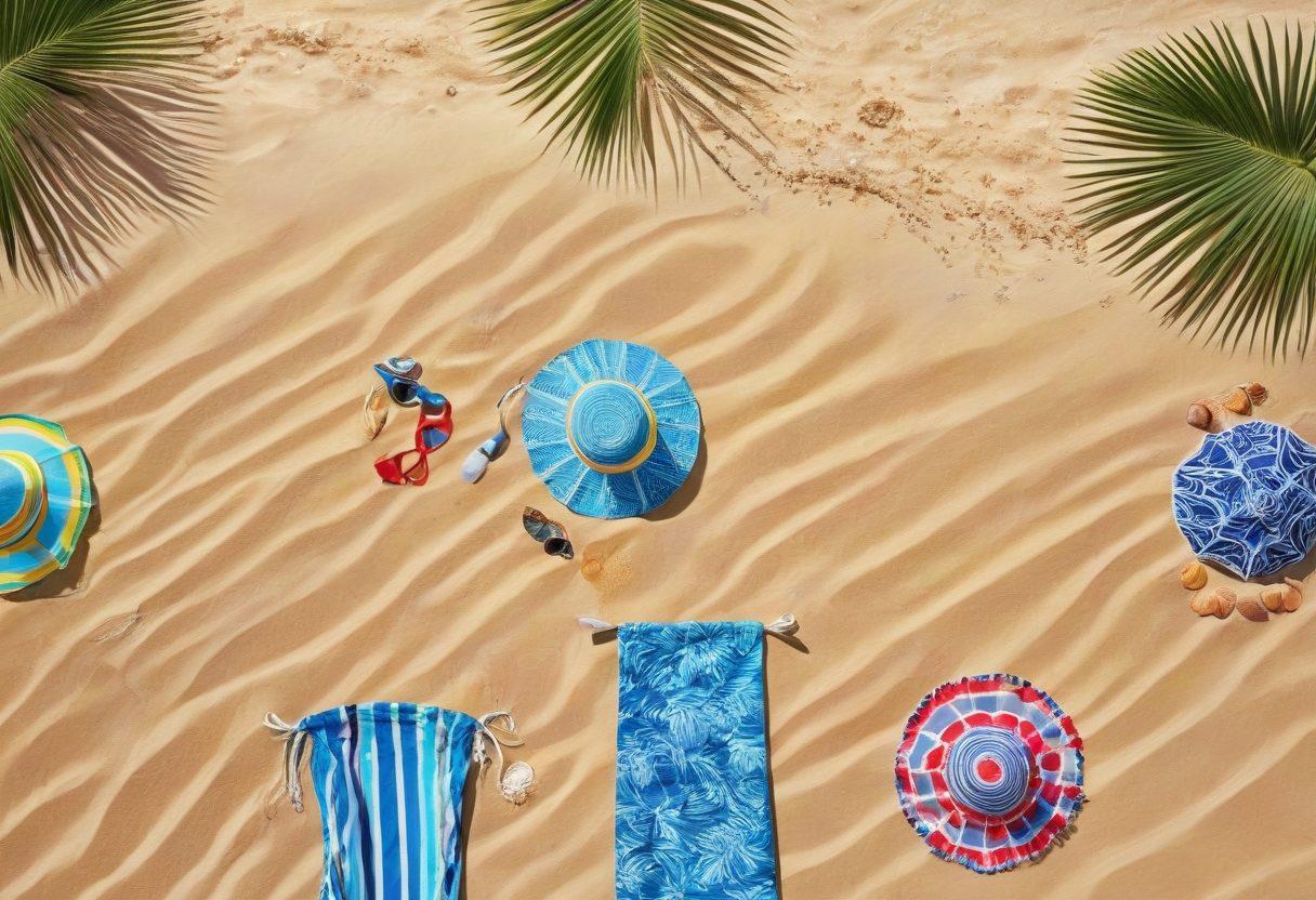 A stylish beach scene featuring a diverse group of women showcasing different bikini styles, surrounded by colorful swim accessories like oversized sunglasses, beach hats, and playful beach towels. The sun shines brightly in a clear blue sky, with gentle waves lapping at the shore. Include tropical elements like palm trees and seashells to evoke a summer vibe. super-realistic. vibrant colors. sunny beach atmosphere.